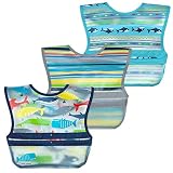 green sprouts Snap & Go Wipe-off Bibs (3 pk) | Waterproof protection for messy eaters | Neatly rolls up for mess and utensil storage, Flipped pocket stays extended to catch spills, Easy clean