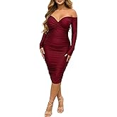 Ekaliy Women's Sexy Black Off The Shoulder Midi Dress Long Sleeve Ruched Bodycon Dresses