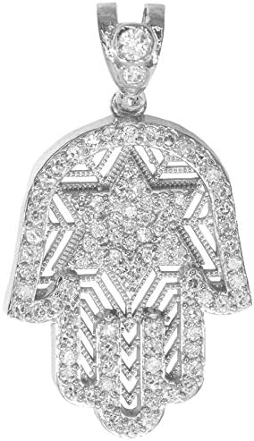 IcedJewels 4.09 cttw Round CZ 10K White Gold Hamsa Khamsa Hand of Miriam Star of David Philosophical Hand Jewish Micro Pave Religious Large Pendant