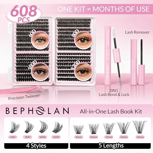 BEPHOLAN Cluster Lashes Kit 608Pcs Lash Book with Glue and Remover and Lash Tweezer Individual EyeLashes D Curl Eyelash Extensions for DIY Eye Lashes Clusters at Home 8-16mm (60D+80D+100D+120D)