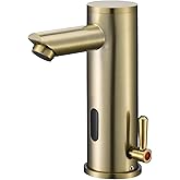 Automatic Touchless Bathroom Sink Faucet - Sensor Motion Activated No-Touch Brass Faucet with Adjustable Temperature Control Handle for Home Vanity, Commercial, and Office Use (Short, Gold)