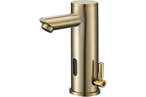 BODQEMR Automatic Touchless Bathroom Sink Faucet - Sensor Motion Activated No-Touch Brass Faucet with Adjustable Temperature Control Handle for Home Vanity, Commercial, and Office Use (Short, Gold)