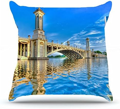 Maifkau Throw Pillowcase 18 x 18 Inches Cotton Pillow Cover Case with Hidden Zipper Decor Cushion Covers - City river water surface images ripples bridge arches houses buildings skyscrapers sky landsc