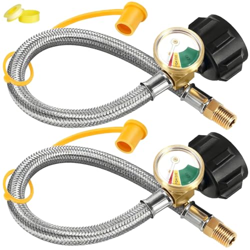 Photo 1 of 15 Inch RV Propane Hose Replacement with Gauge, 2 Pack - Stainless Steel Braided Hose for RV Two-Stage Regulator - 1/4" Male NPT & QCC1 Inlet, 350PSI