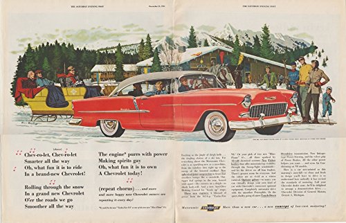 1955 CHEVROLET BEL AIR SPORT COUPE "Chev-ro-let, Chev-ro-let Smarter all the way..." HUUUGE VINTAGE COLOR AD DOUBLE PAGE - USA - GREAT ORIGINAL !!