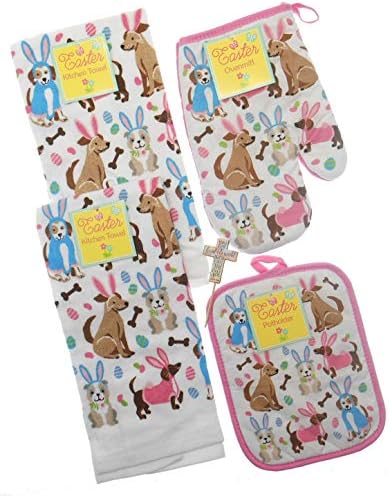 Easter Kitchen Dish Towels Set Includes 2 Towels, 1 Pot Holder, 1 Oven Mitt and 1 Pastel Cross with John 3:16 Reminder of Season- Bundle of 5 (Easter Dogs with Bunny Ears)