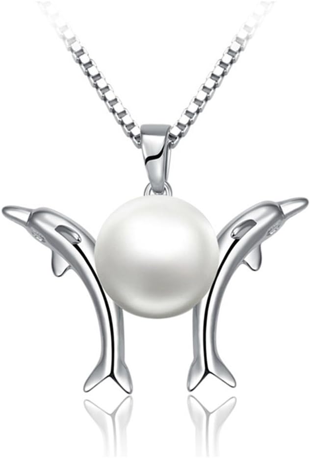 Sinya Cultured Freshwater Pearl Couple Dolphin Pearl Pendant Choker Necklace in 925 Solid Silver 18inch