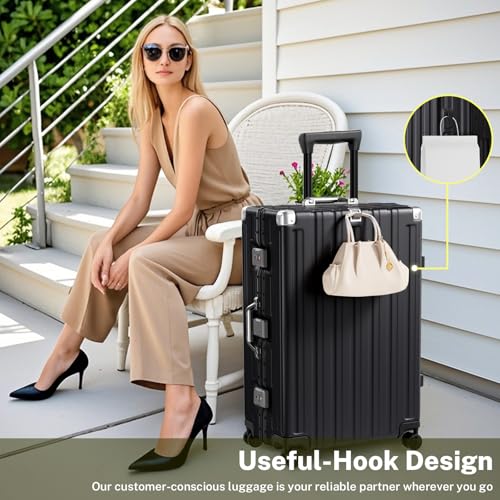 Krute Luggage PC+ABS Aluminum Frame Zipperless Checked Luggage Lightweight Hardshell Large Suitcase with TSA Lock Spinner Wheels 28 Inch Black