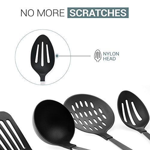 Kitchen Utensil Set 8 Pc by PureLife - Stainless Steel Cooking Set W/Nylon Heat Resistant | Include Spaghetti Server, Potato Masher, Serving Spoon, Turner, Ladle, Skimmer, Spatula & Slotted Spoon