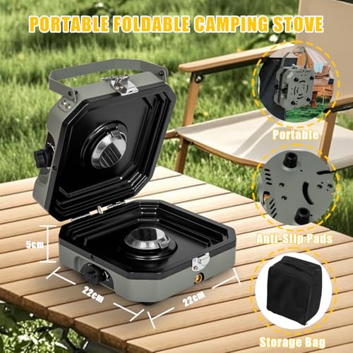 2 Burner Propane Camping Stove with Grill, 14000 BTU Portable Foldable Camp Stove with Steel Braided Hose and Carrying Bag, Adjustable Burners, Suitable for Backyard BBQs Camping and Outdoor Cooking