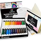 AEM Hi Arts Watercolor Paint Artist Set - 24 Tube Art Kit Includes Colorful Water Color Paints, Brushes, Paper, and Palette - Portable, Small and Washable, Great for Kids and Professional Artists