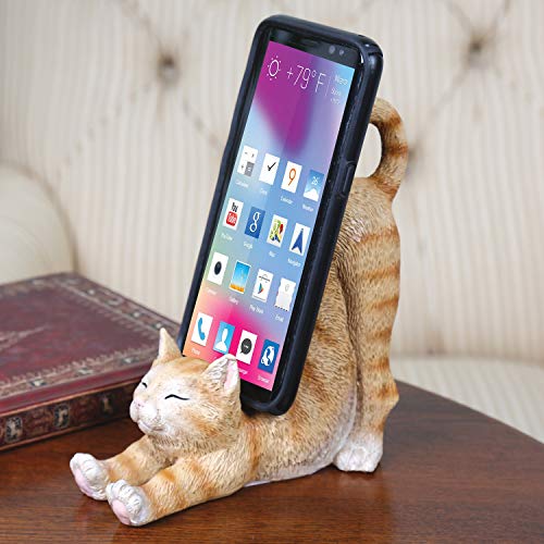 What On Earth Cat Mobile Phone Holder - Sculpted Resin Kitty Shaped Cellphone Stand - 6" L - Orange Tabby Cat