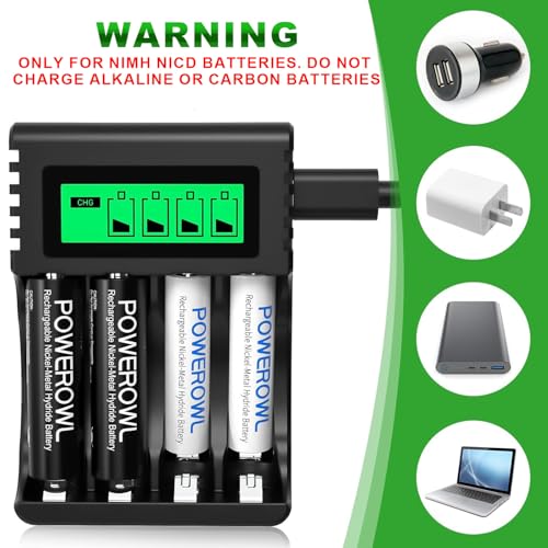 POWEROWL Quick Charger Rechargeable Batteries, LCD Charger for Ni-MH Rechargeable AA/AAA Batteries, Independent Slot & USB Quick Charge