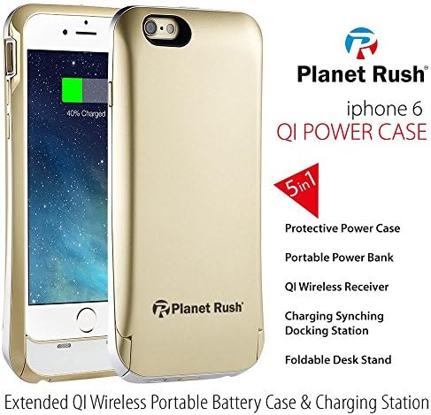 Ultimate iPhone 6 6s QI Wireless Portable Battery Protective Charging Case 5-in-1 [Apple Certified] Foldable Desk Station with Upgraded Induction Coils &amp; Audio Jack (Gold)