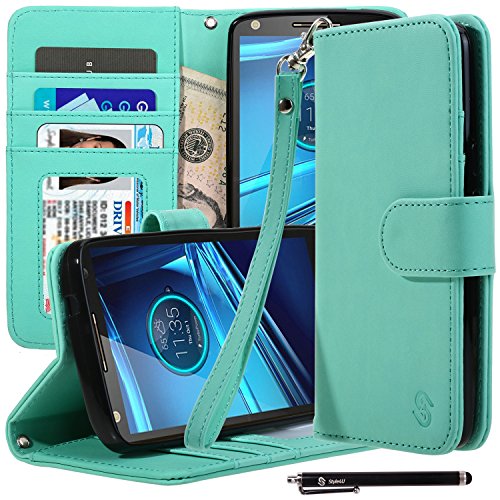 Droid Turbo 2 Case, Style4U Motorola Droid Turbo 2 / Moto X Force Premium PU Leather Stand Wallet Case with ID Credit Card / Cash Slots for Motorola Droid Turbo 2 XT1580 + 1 Stylus [Mint Green]