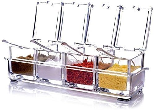 Vietnam 4 Compartment Seasoning Box with Cover & Spoon, Clear Seasoning Rack Spice Pots - 4 Piece Acrylic Seasoning Box - Storage Container Condiment Jars - Cruet with Cover and Spoon, PS Plastic