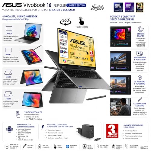ASUS Vivobook 16 FLIP, Intel® Core™ Ultra 7 258V, Intel Arc Pro, OLED Display Touchscreen 16" WUXGA FHD+, DDR5 32Gb, SSD 1Tb, Win 11, Wi-Fi 7, BT 5.4, Backlit Keyboard, Pen, Gar 3 Years