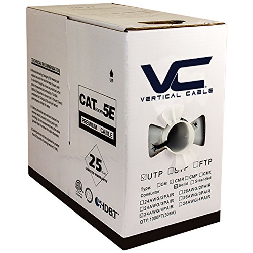 Vertical Cable Cat5e, 350 MHz, UTP, 24AWG, 8C Solid Bare Copper, 1000ft, Black, Bulk Ethernet Cable