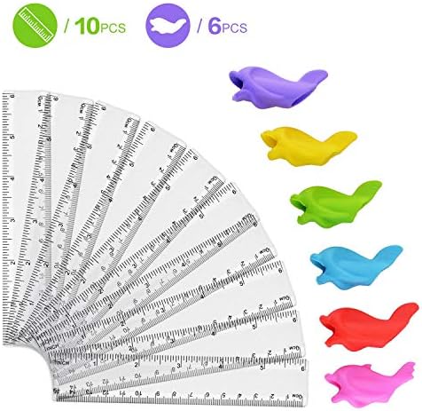 Ruler, Pack of 10 Clear Drawing Ruler Transparent Plastic Ruler Straight Ruler Plastic Measuring Tool For Student Children Stationery School Supplies +6 Pcs Silicon pencil grips Fish Style