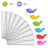 Ruler, Pack of 10 Clear Drawing Ruler Transparent Plastic Ruler Straight Ruler Plastic Measuring Tool For Student Children Stationery School Supplies +6 Pcs Silicon pencil grips Fish Style
