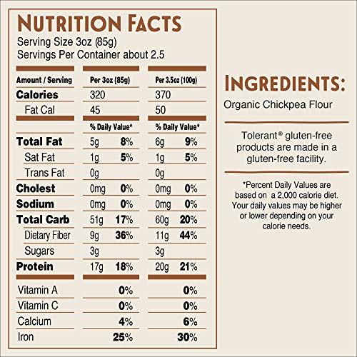 Tolerant Organic Gluten Free Chickpea Rotini Pasta, One 8 Ounce Box, Plant Based Protein, Vegan Pasta, Single Ingredient Protein Pasta, Whole Food, Clean Pasta, Low Glycemic Index Pasta
