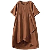 Tebreux Women's Linen Midi Dress Oversized Short Sleeve Sundress Baggy Tunic Dresses with Pockets