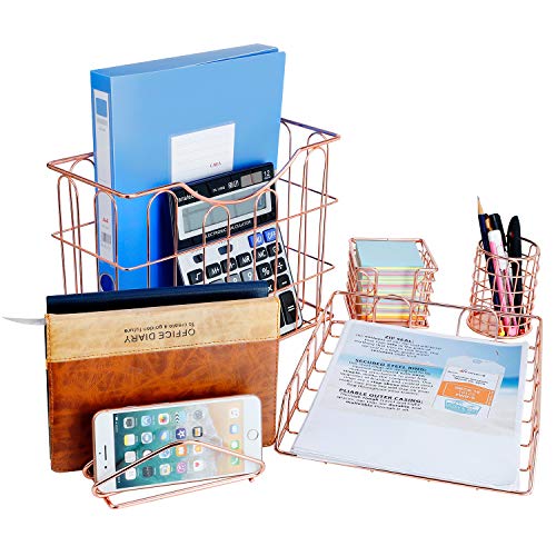 Miukada Desk Organizer Set,Desk Accessories 5 in 1. Includes Letter Sorter, Pencil Cup Holder, Stick Note Holder, Hanging File Organizer and Letter Tray for Office, School or Home(Rose Gold)