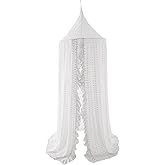 Wonder Space Elegant Kids Bed Canopy - Lace Chiffon Netting with Pom Pom, Princess Girls Fairy Dream Tent, Nursery Room Baby Crib Hanging Curtain Mosquito Net Children Reading Nook Decoration (White)