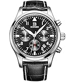 BINGER Mens Date Black Sports Chronograph Watches Stopwatch Timer Leather Strap Luminous Numerals