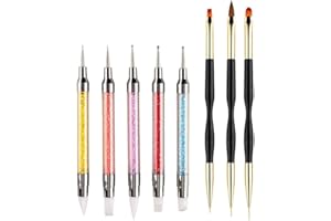 FULINJOY 5PCS Dual-Ended Nail Art Sculpture Pen Dotting Tools with 3PCS Nail Painting Brushes, Silicone Nail Polish Brushes Stainless Steel Carving Drawing Tool, Acrylic Rhinestone Handle