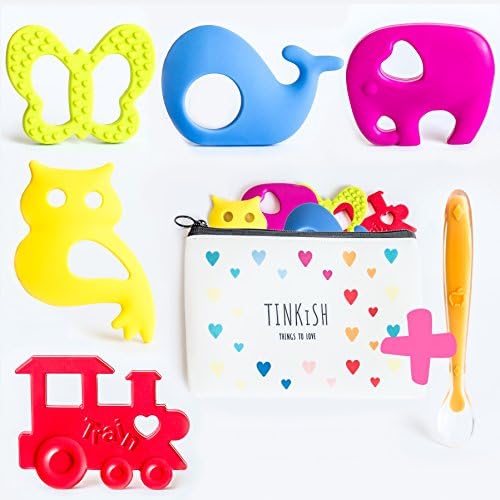 Baby teethers BPA free-5 must have baby teethers toys,  food grade silicone,non-toxic hygienic. stylish &amp; fun vibrant colors in a gift bag. free bonus! soft feeding spoon By Tinkish