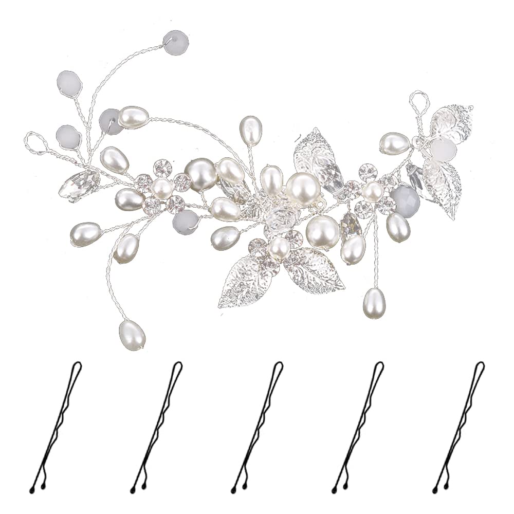 KINDOYO Bride Hair Headbands Accessories - Wedding Flower Headband Bridal Bridesmaid Hair Pieces Hair Clip Pearl Rhinestone Hair Vine for Women and Girls - Silver