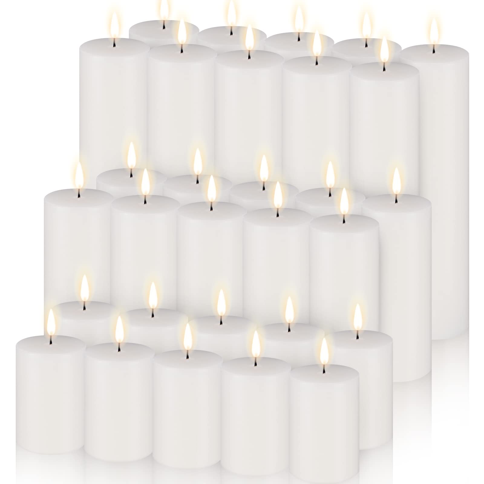 Photo 1 of Amyhill Set of 30 White Unscented Pillar Candles 2 x 3, 2 x 5, 2 x 8 Inch Large Tall Pillar Candles Bulk Rustic Emergency Big Cotton Wick Wax for Wedding Home Restaurants Spa Church Decorations