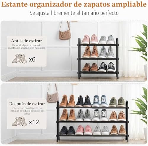 Zapatero Extensible de 3 Niveles, Zapateros de Metalico, Shoe Rack para 6-12 Pares de Zapatos, sapateira pequeño para Exterior, Armarios, Interior, Rango de Ajustable(45-80) cm ancho