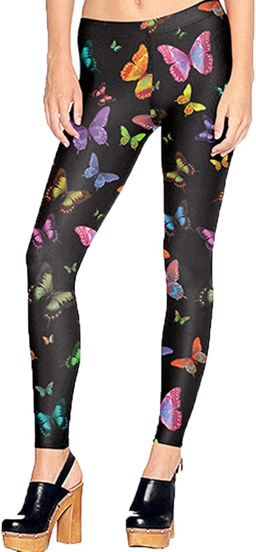 Women Fashion Colorful Butterfly Print Elastic Mid Waist Leggings at
