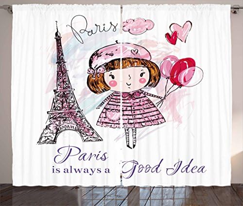 Paris Curtains by Ambesonne, Little Girl Holding Balloons Hearts a Cloud and Eiffel Tower Illustration, Living Room Bedroom Window Drapes 2 Panel Set, 108 W X 108 L Inches, Pale Pink Purple White