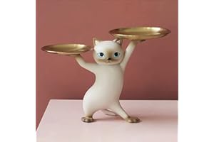 FIALAME Key Bowl for Entryway Table, Fortune Cat Statue Candy Dish for Office Desk Art Home Decor (B - Grey)
