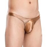 Men's Sexy Bulge Pouch Bikini Underwear Silky See Through Thong Briefs Glossy Low Rise Quick-Dry Breathable Stretch Comfortable G-String Brown S