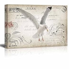 Canvas Wall Art - A Flying Seagull on Retro Style Background - Gallery Wrap Modern Home Art | Ready to Hang - 12x18 inches