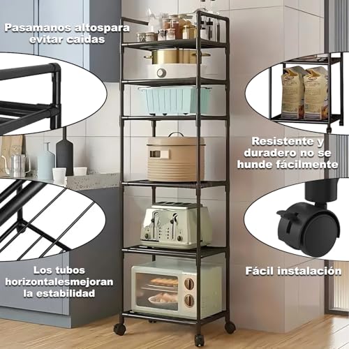 Estante de metal de 6 niveles con ruedas, fácil de montar, puede almacenar microondas, utensilios de cocina, aperitivos, adecuado para el cuarto de baño, oficina y cocina estante de almacenamiento