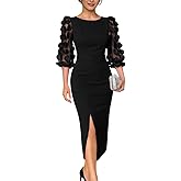 ABKY Womens Bodycon Midi Dress Elegant Polka Dot Mesh Puff Sleeve Slit Office Formal Cocktail Wedding Party Dresses with Belt