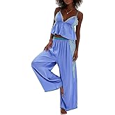 YANGCHA Women Sexy Lace Patchwork Pajamas Set 2 Piece Button Down Ruffled Spaghetti Strap Cami Top And Wide Leg Pants Outfits