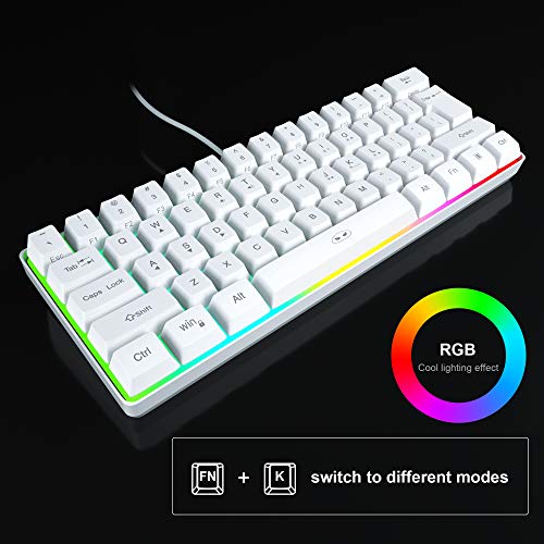 White Wired Mini Keyboard, 60 RGB Backlit Office/Gaming Compact