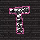 Zebra Letter T Iron On Rhinestone Crystals and Pink Rhinestud T-Shirt Transfer by Jubilee Rhinestones