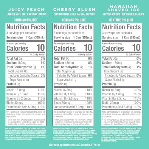 ALANI NU VARIETY PACK CHERRY SLUSH, JUICY PEACH, HAWAIIAN SHAVED ICE SUGAR FREE, LOW CALORIE ENERGY DRINKS, 200MG CAFFEINE, BIOTIN B VITAMINS, ZERO SUGAR, 10 CALORIES, 12 FL OZ CANS, 12 PACK