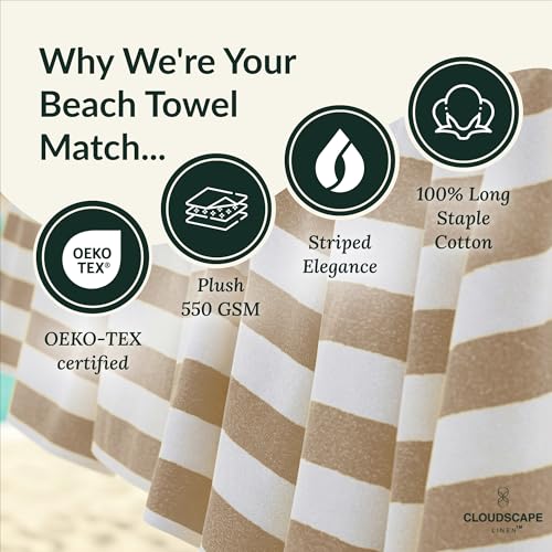 Cloud Scape Linen 6 Pcs Oversized Cotton Beach Towel Set | Quick Dry, Highly Absorbent & Extra Large 76x152 cm Pool Towels | Beige Cabana Stripe for Family, Travel, Gym, & Picnic