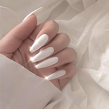 Amazon Com Ibliss Coffin Press On Nails White Long Ballerina Full Cover Fake Nails Glossy Pure Halloween Acrylic False Nail Tips For Women And Girls 24pcs Beauty
