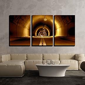 3 Piece Canvas Wall Art - Long Tunnel at Night and Coming Car from Far - Modern Home Art Stretched and Framed Ready to Hang - 16"x24"x3 Panels