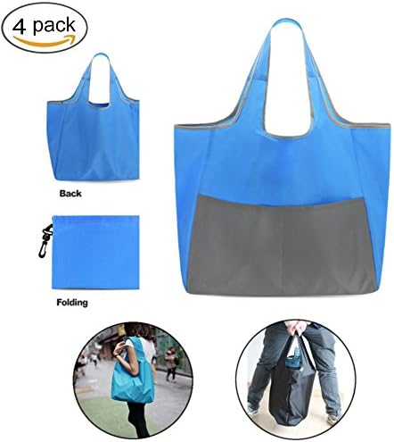 YYKIT Pack of 4 Large Reusable Shopping Bags with 2 Pockets Grocery Tote Cart Storage Bags (Light blue)