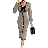 Wenrine Womens V Neck Sweater Dress Fall Long Sleeve Button Knit Bodycon Color Block Bow Tie Elegant Midi Dresses